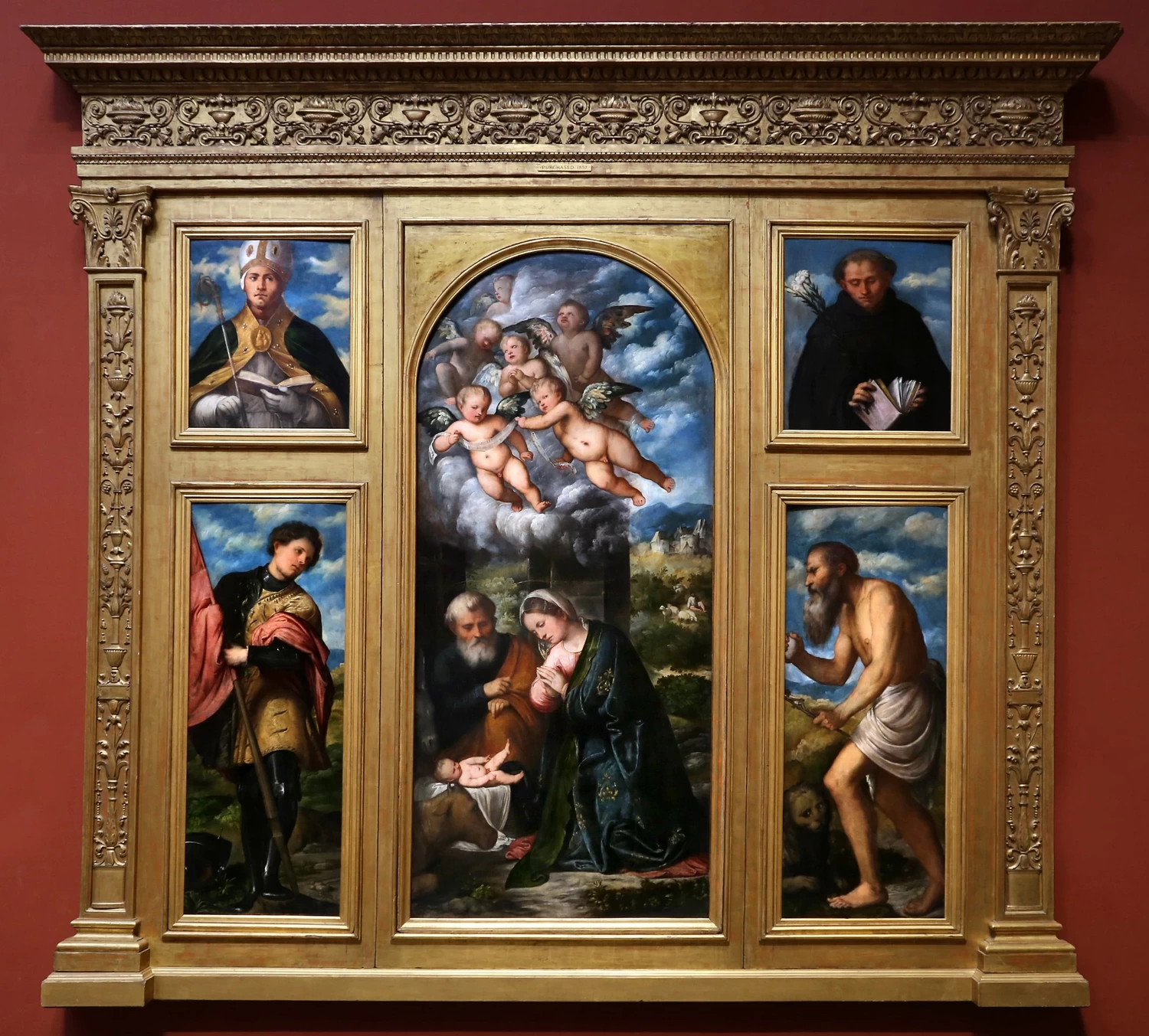 Il Romanino-12-Altare della natività di Gesù con San Gaudioso, San Filippo Benizi, Sant'Alessandro, San Girolamo - National Gallery, Londra